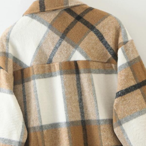 Plaid Stripe Tan Oversized Flannel Shirt Shacket - Picture 3 of 5